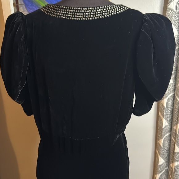 Antique 1930’s Black Silk Velvet Puff Sleeve Rhinestone Embellished Gown Flawed - Picture 7 of 12
